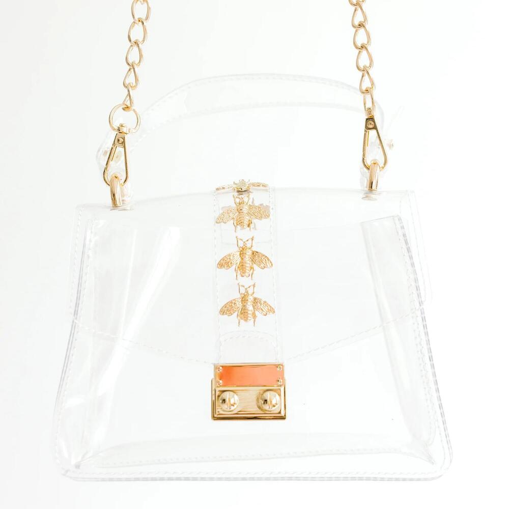 NEW CLEARLY HANDBAGS women's kathryn clear gameday bag in gold bee stud